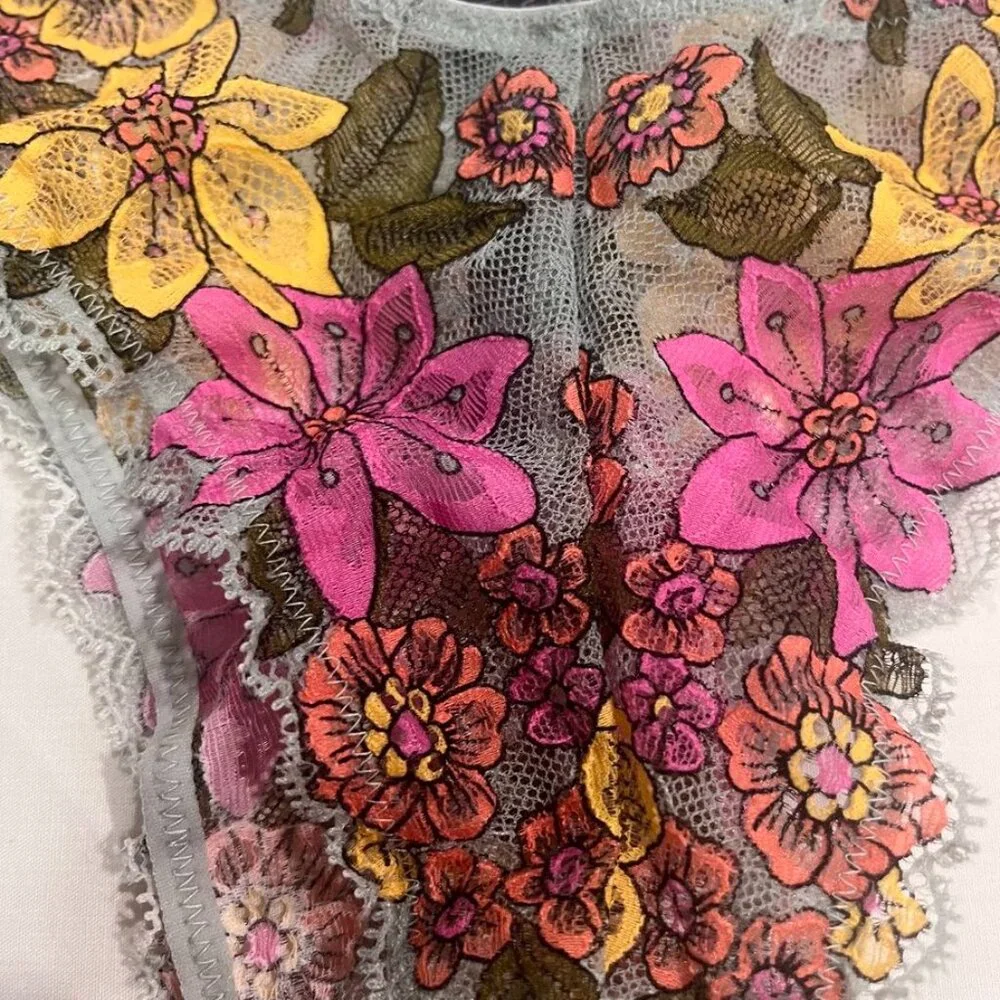 Savage X Fenty Embroidered Floral Lace Sheer Mesh Thong Panties Gray 0–2 - Picture 7 of 10